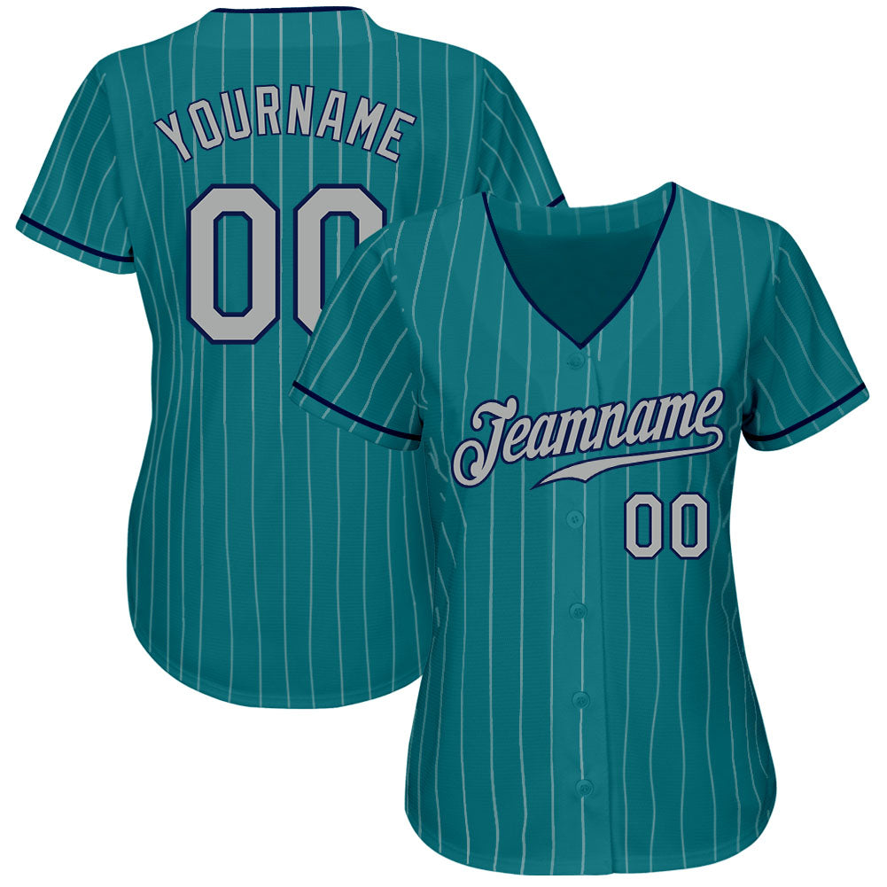 Custom Teal White Pinstripe Gray-Navy Authentic Baseball Jersey - Sky-Custom