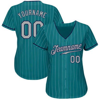 Custom Teal White Pinstripe Gray-Navy Authentic Baseball Jersey - Sky-Custom