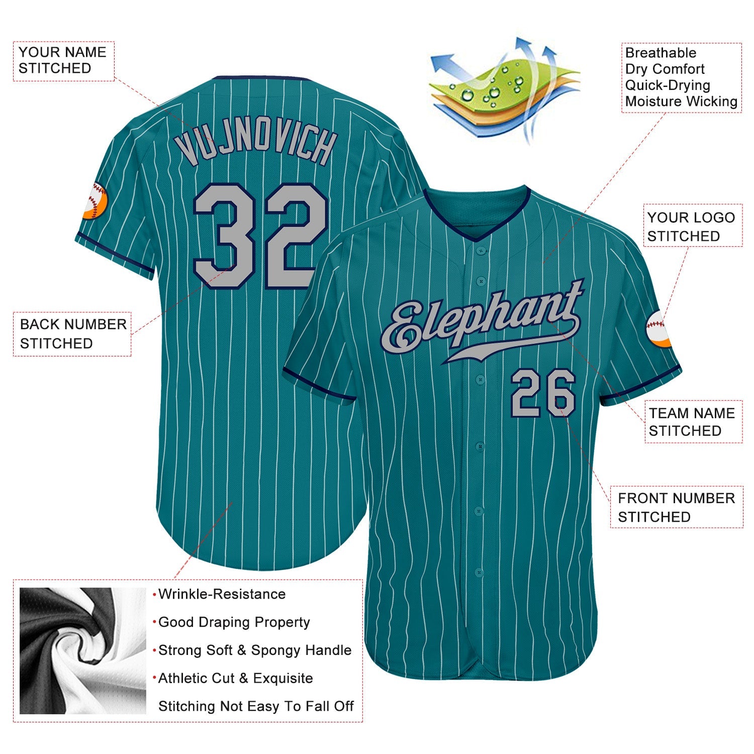 Custom Teal White Pinstripe Gray-Navy Authentic Baseball Jersey - Sky-Custom