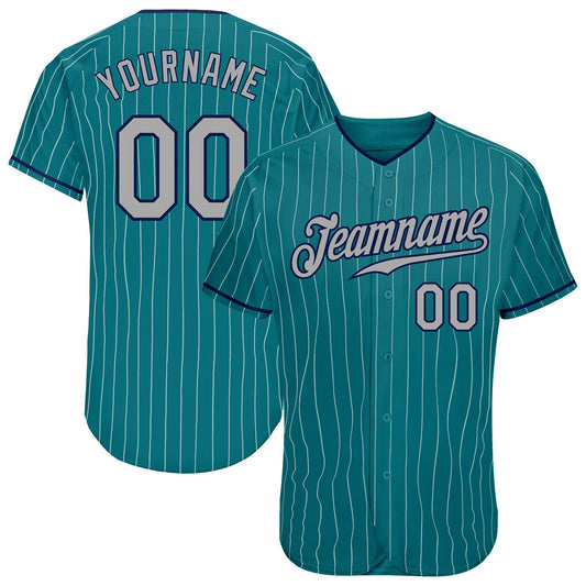 Custom Teal White Pinstripe Gray-Navy Authentic Baseball Jersey - Sky-Custom
