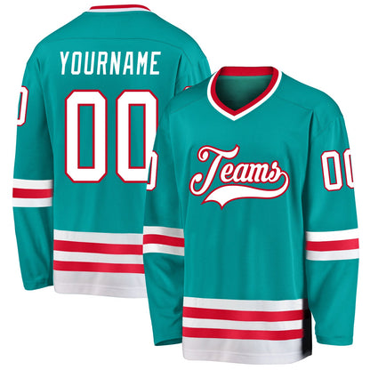 Custom Aqua White-Red Hockey Jersey - Sky-Custom