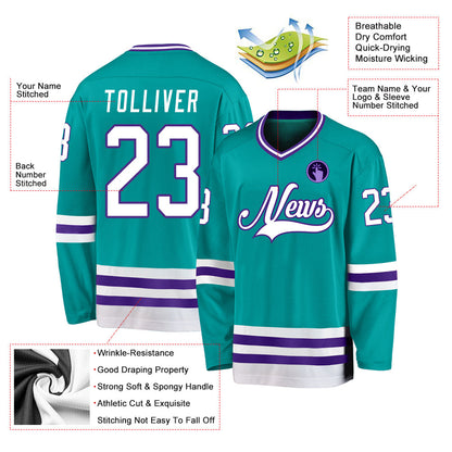 Custom Aqua White-Purple Hockey Jersey - Sky-Custom