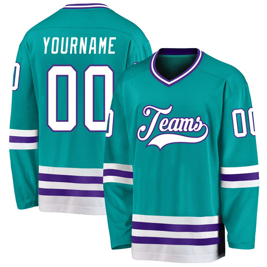 Custom Aqua White-Purple Hockey Jersey - Sky-Custom