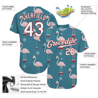 Custom Teal White-Red Christmas 3D Authentic Baseball Jersey - Sky-Custom