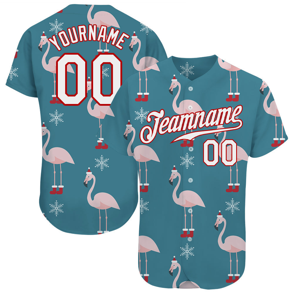 Custom Teal White-Red Christmas 3D Authentic Baseball Jersey - Sky-Custom
