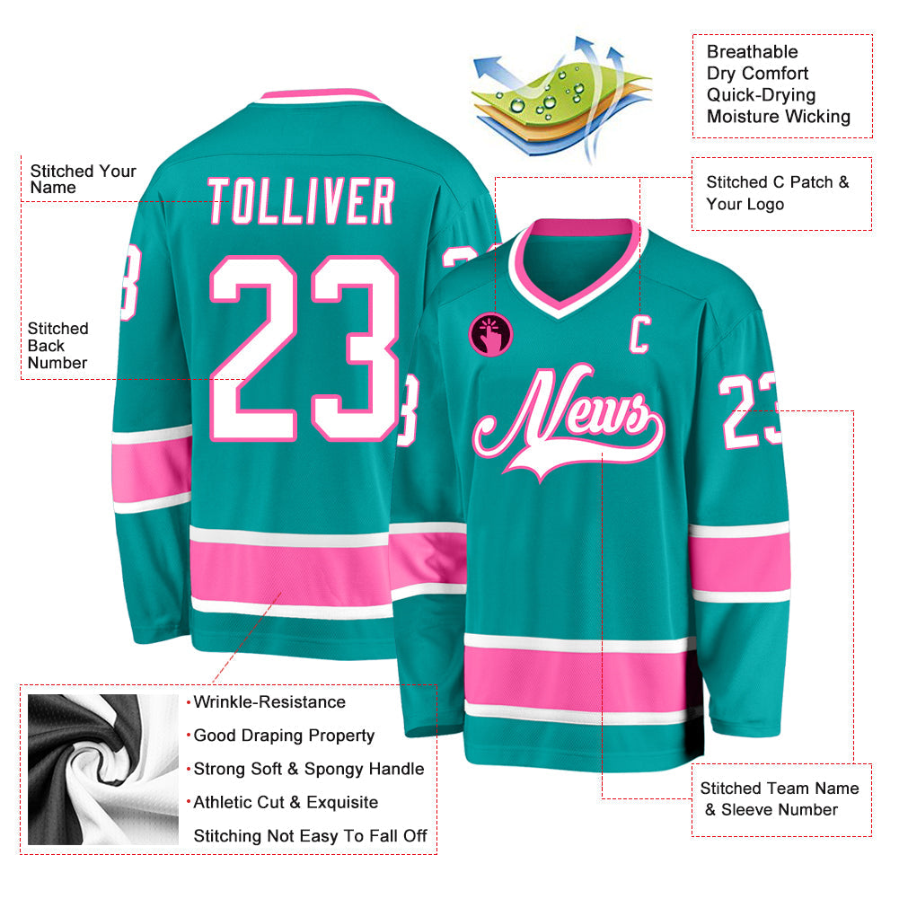 Custom Aqua White-Pink Hockey Jersey - Sky-Custom
