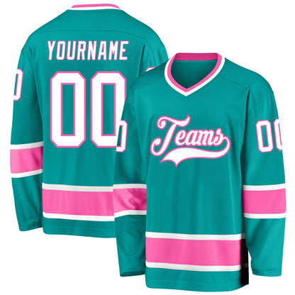 Custom Aqua White-Pink Hockey Jersey - Sky-Custom