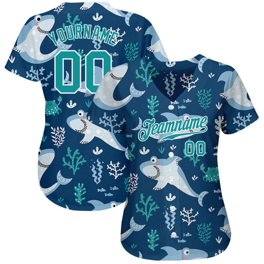 Custom Aqua Aqua-White 3D Pattern Design Sharks Authentic Baseball Jersey - Sky-Custom