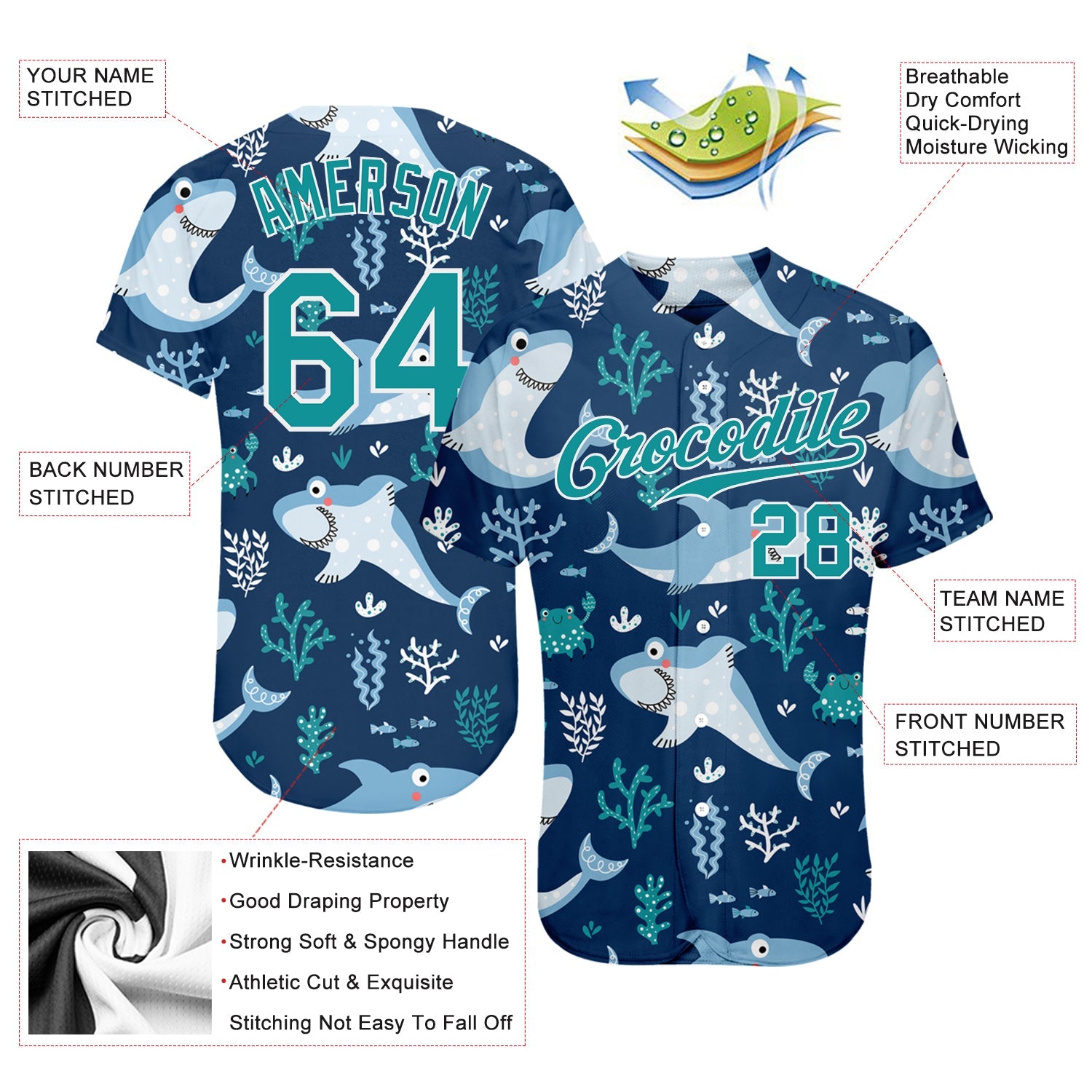 Custom Aqua Aqua-White 3D Pattern Design Sharks Authentic Baseball Jersey - Sky-Custom