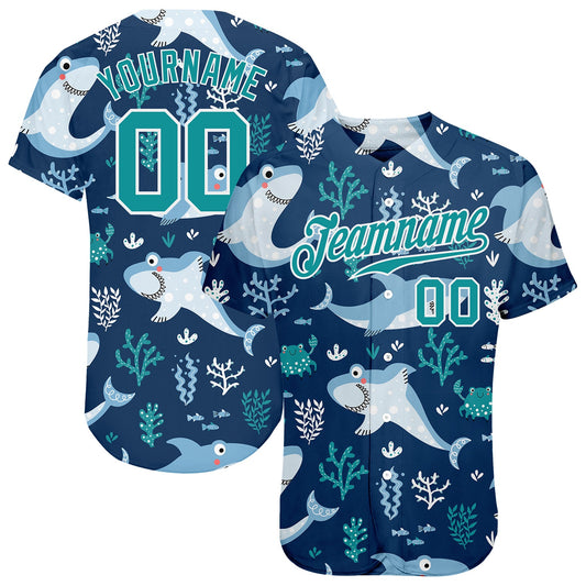 Custom Aqua Aqua-White 3D Pattern Design Sharks Authentic Baseball Jersey - Sky-Custom