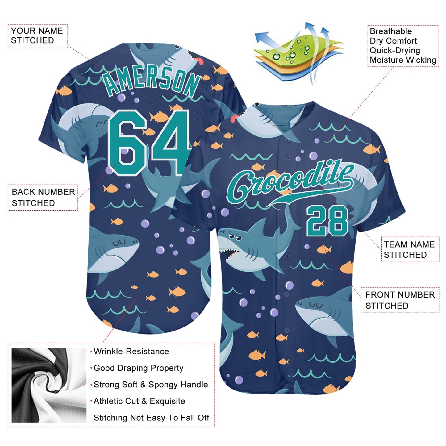 Custom Teal Teal-White 3D Pattern Design Sharks Authentic Baseball Jersey - Sky-Custom