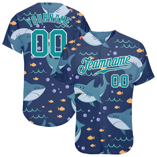 Custom Teal Teal-White 3D Pattern Design Sharks Authentic Baseball Jersey - Sky-Custom
