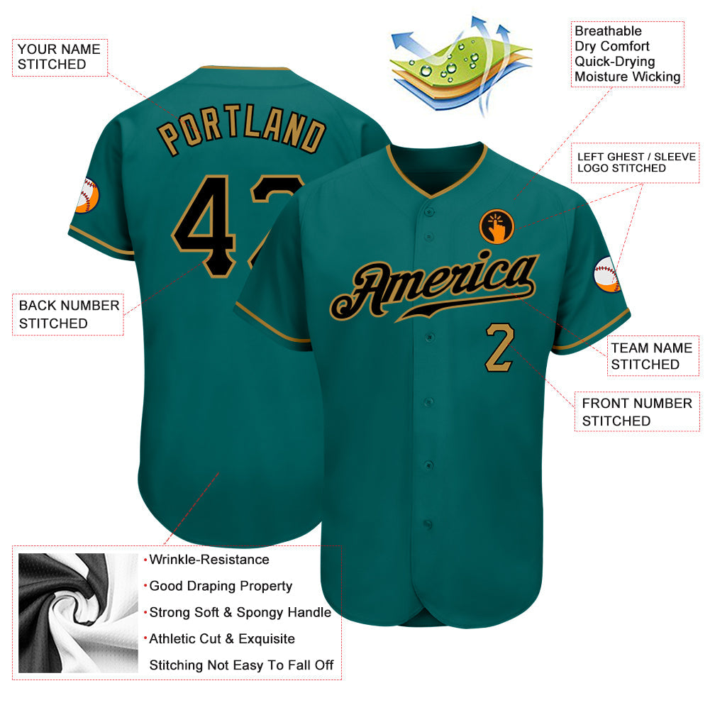Custom Teal Black-Old Gold Authentic Baseball Jersey - Sky-Custom