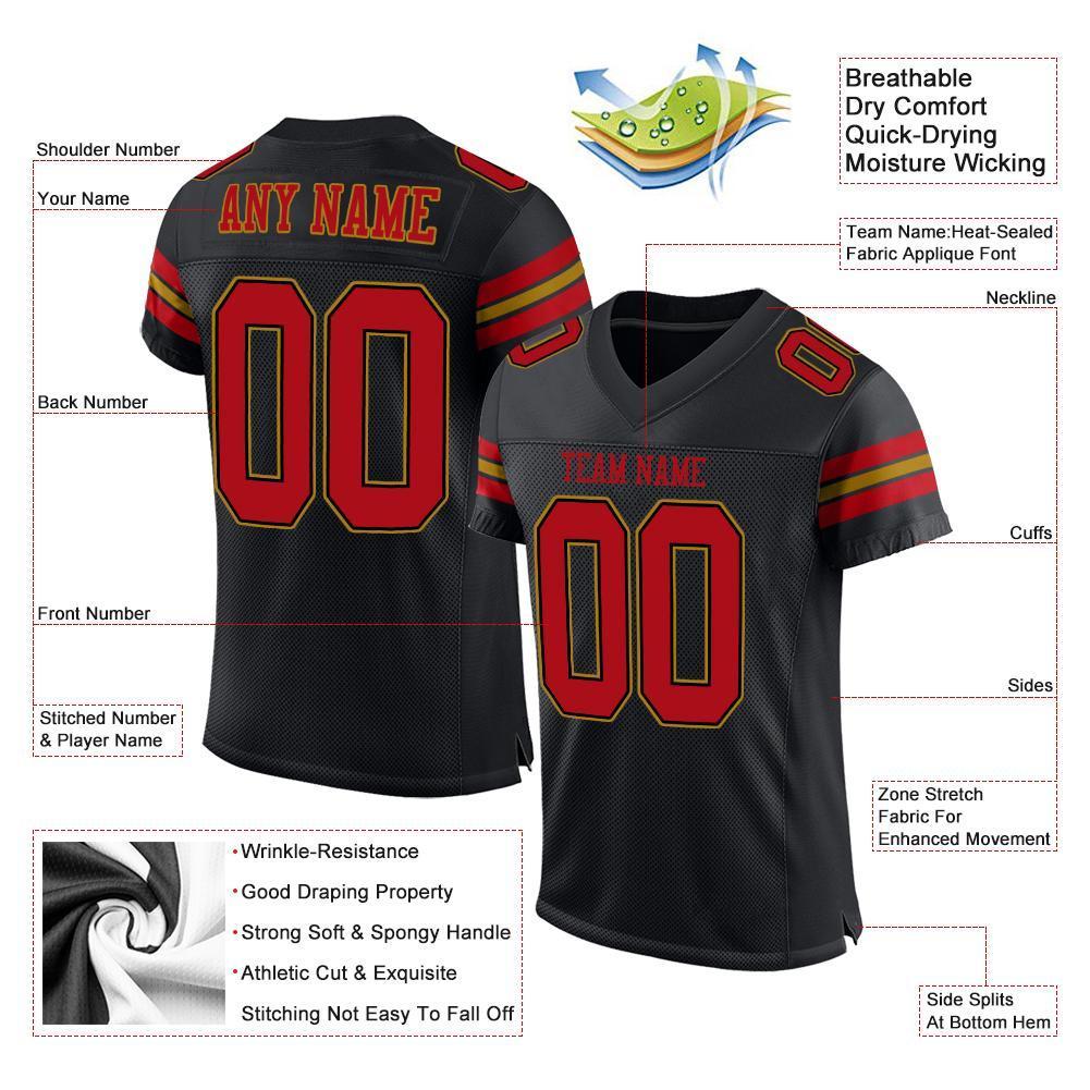 Custom Black Red-Old Gold Mesh Authentic Football Jersey - Sky-Custom