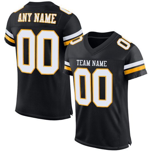 Custom Black White-Gold Mesh Authentic Football Jersey - Sky-Custom