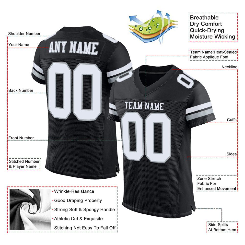 Custom Black White-Silver Mesh Authentic Football Jersey - Sky-Custom