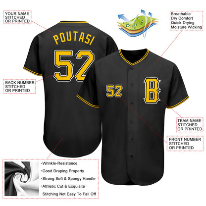 Custom Black Gold-White Authentic Baseball Jersey - Sky-Custom