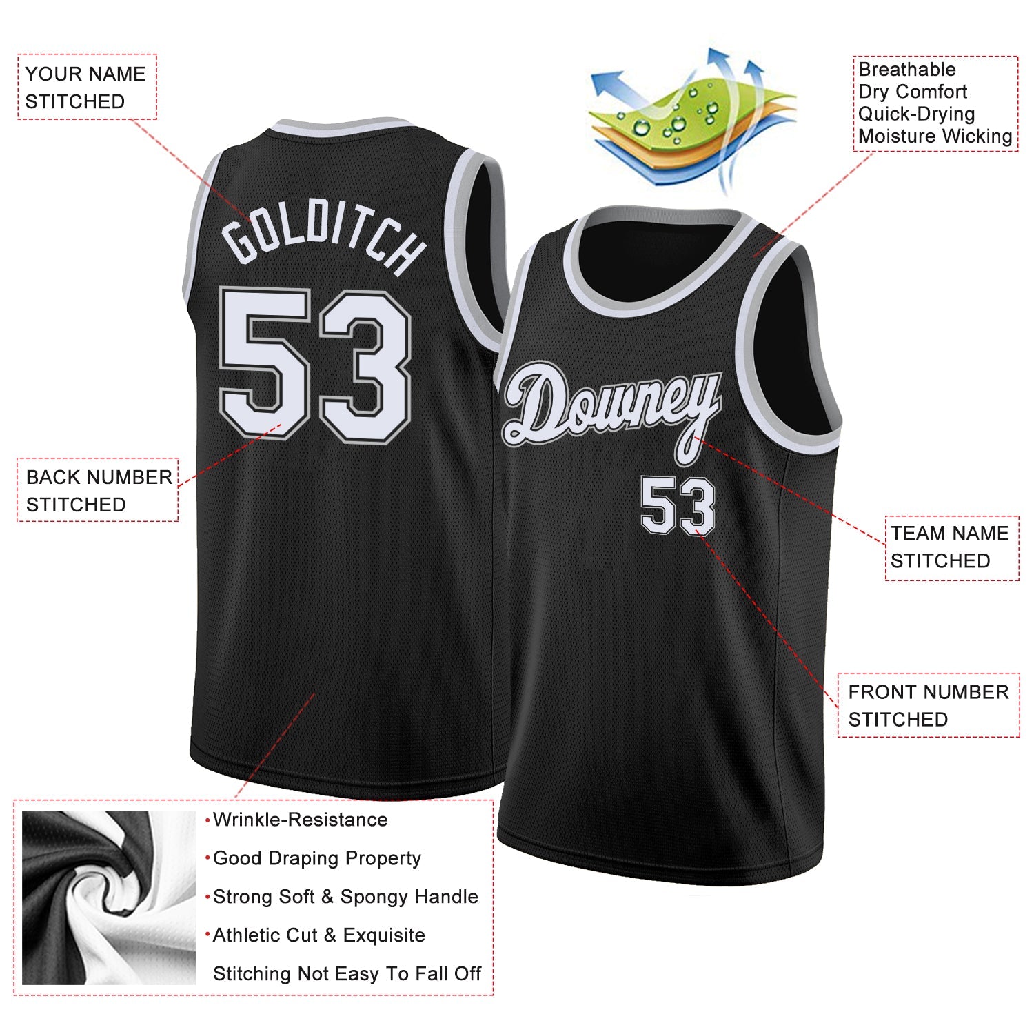 Custom Black White-Gray Round Neck Rib-Knit Basketball Jersey - Sky-Custom