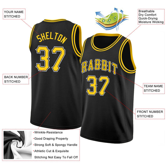 Custom Black Gold-White Round Neck Rib-Knit Basketball Jersey - Sky-Custom