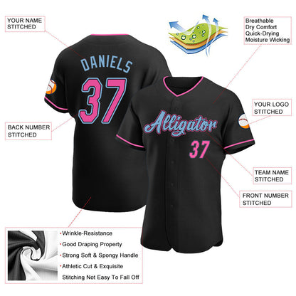 Custom Black Pink-Light Blue Authentic Baseball Jersey - Sky-Custom