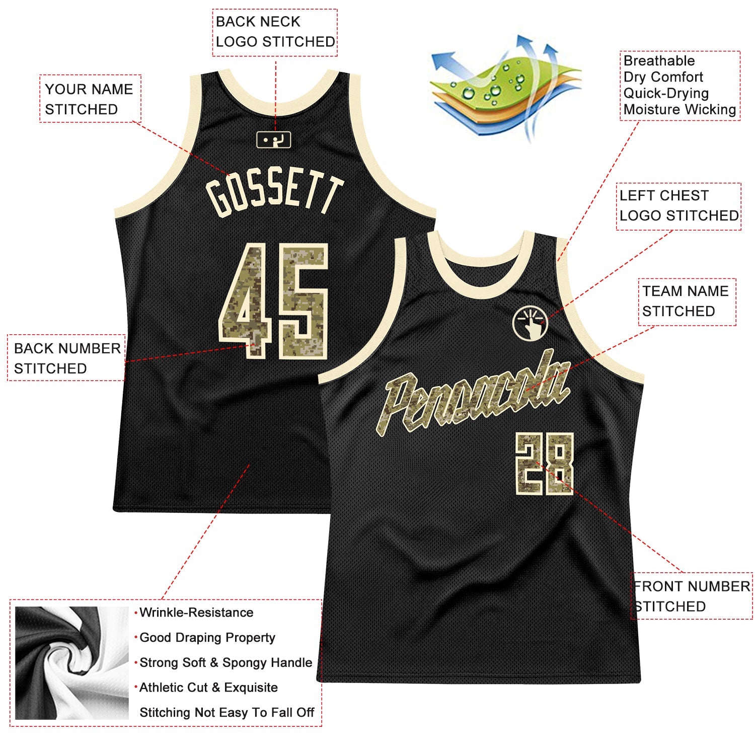 Custom Black Camo-Cream Authentic Throwback Basketball Jersey - Sky-Custom