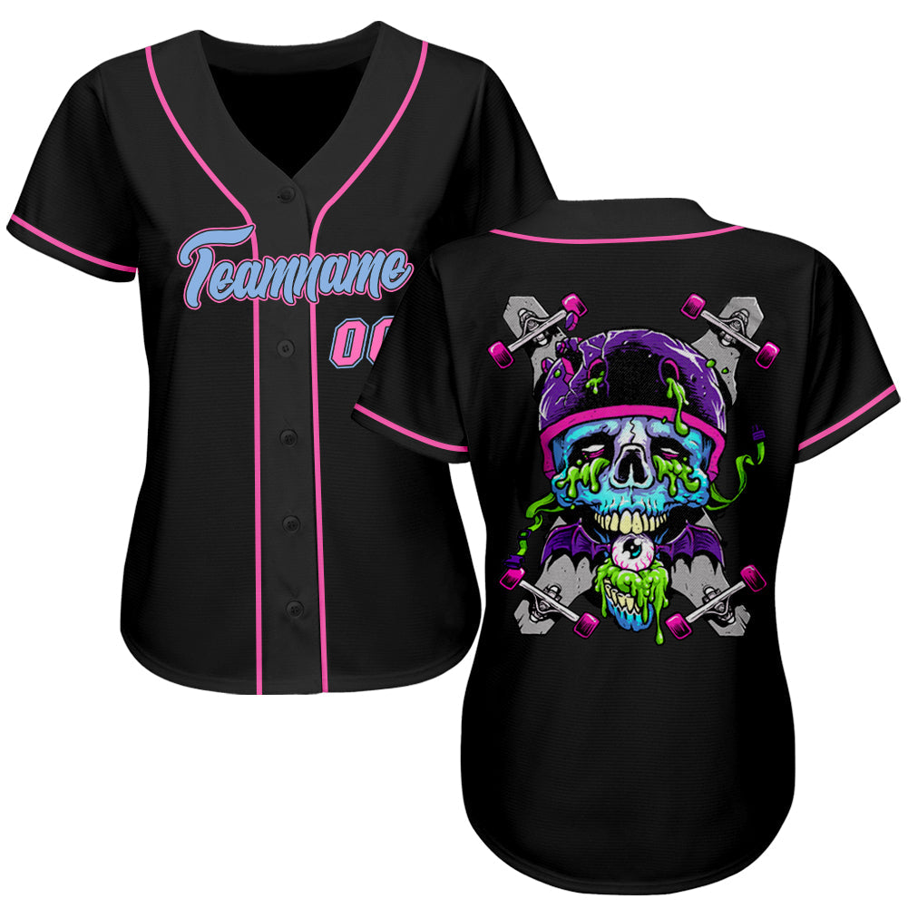 Custom Black Light Blue-Pink Authentic Skull Fashion Baseball Jersey - Sky-Custom