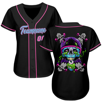 Custom Black Light Blue-Pink Authentic Skull Fashion Baseball Jersey - Sky-Custom