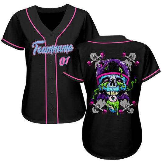 Custom Black Light Blue-Pink Authentic Skull Fashion Baseball Jersey - Sky-Custom