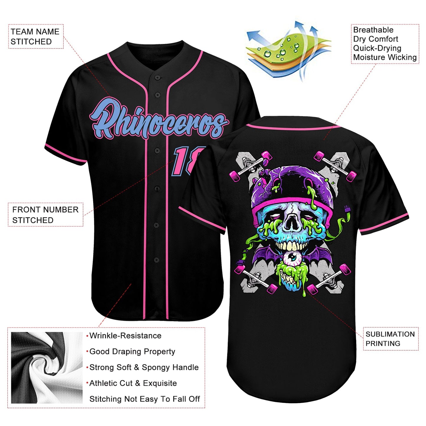 Custom Black Light Blue-Pink Authentic Skull Fashion Baseball Jersey - Sky-Custom
