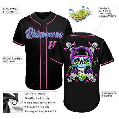 Custom Black Light Blue-Pink Authentic Skull Fashion Baseball Jersey - Sky-Custom