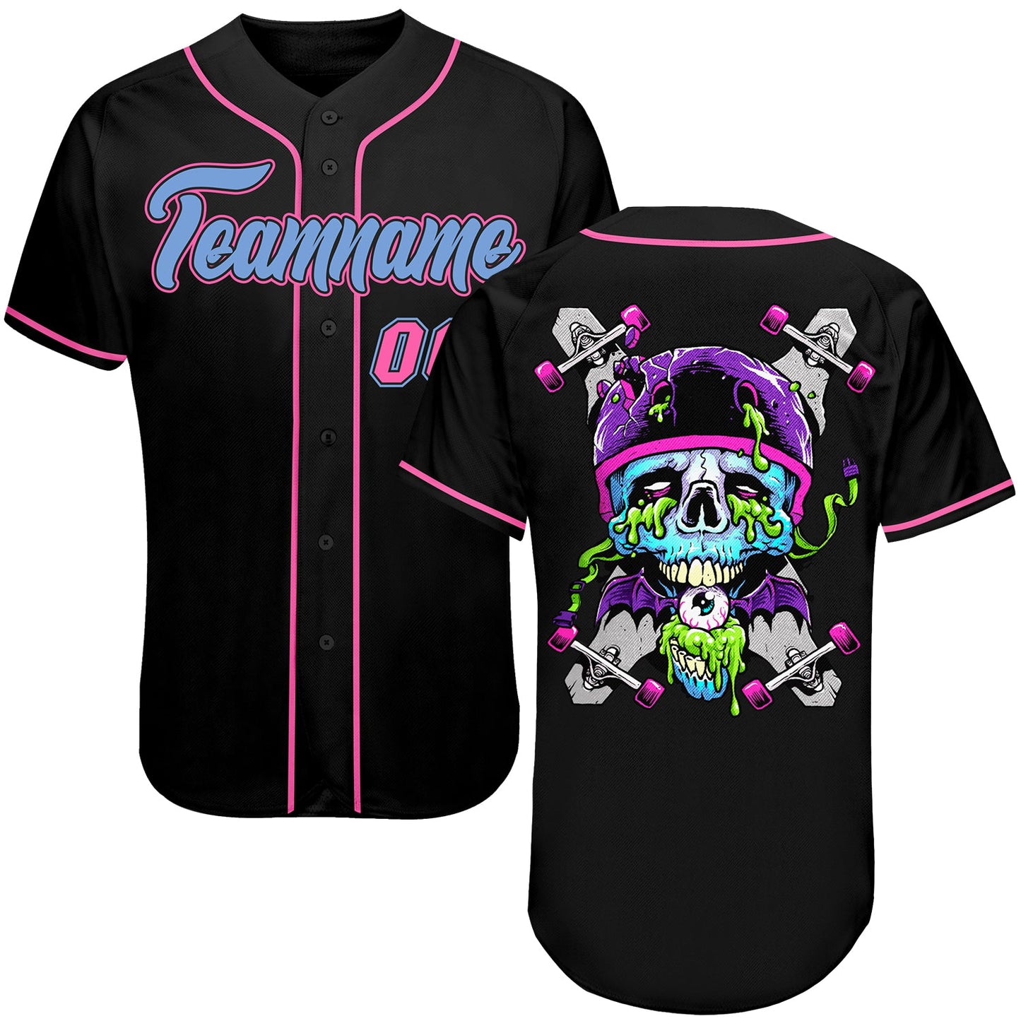 Custom Black Light Blue-Pink Authentic Skull Fashion Baseball Jersey - Sky-Custom