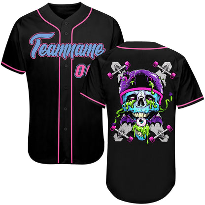 Custom Black Light Blue-Pink Authentic Skull Fashion Baseball Jersey - Sky-Custom