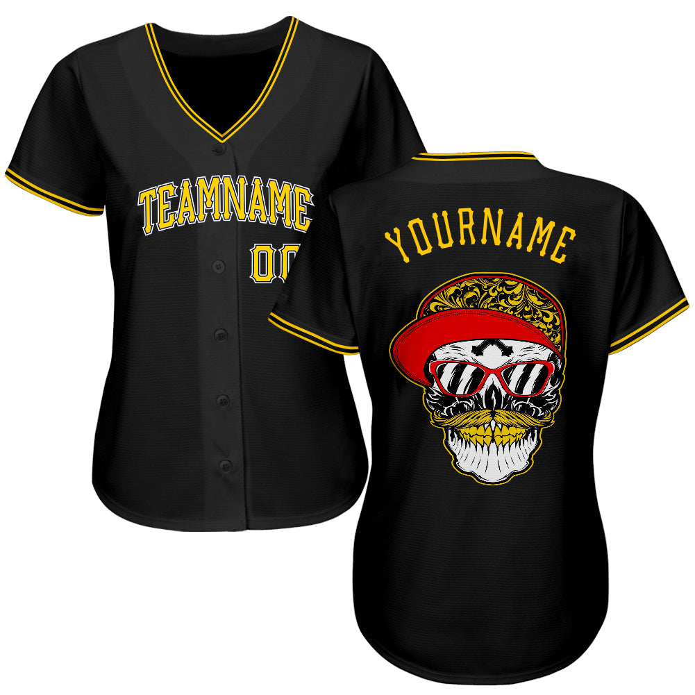 Custom Black Gold-White Authentic Skull Fashion Baseball Jersey - Sky-Custom