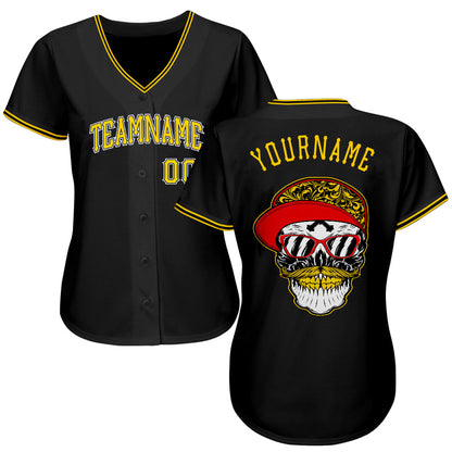 Custom Black Gold-White Authentic Skull Fashion Baseball Jersey - Sky-Custom