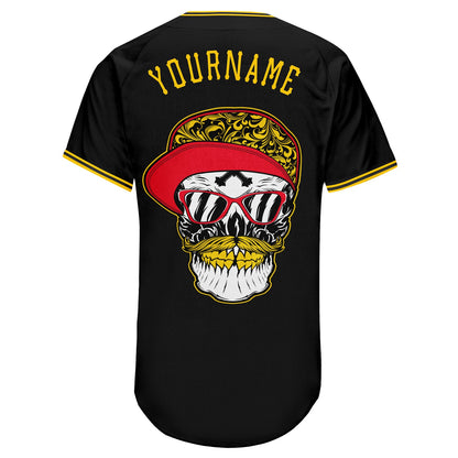 Custom Black Gold-White Authentic Skull Fashion Baseball Jersey - Sky-Custom