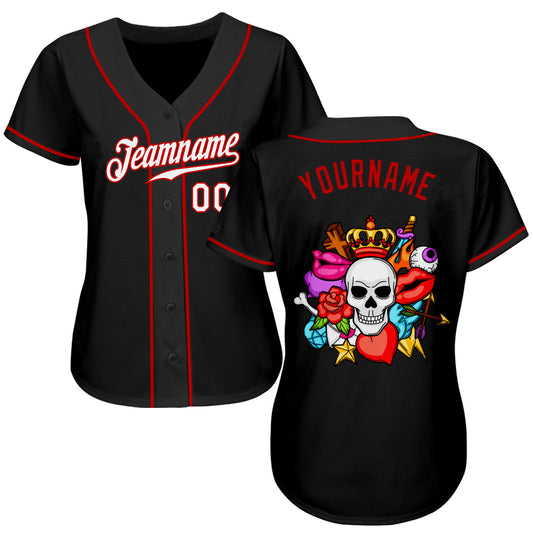Custom Black White-Red Authentic Skull Fashion Baseball Jersey - Sky-Custom
