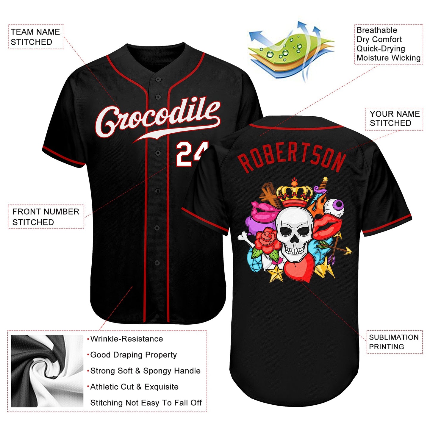 Custom Black White-Red Authentic Skull Fashion Baseball Jersey - Sky-Custom