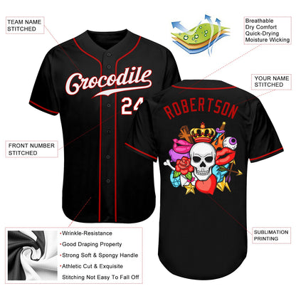 Custom Black White-Red Authentic Skull Fashion Baseball Jersey - Sky-Custom