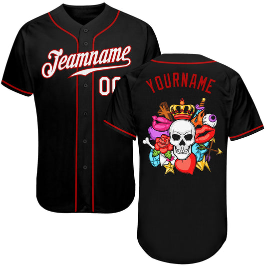 Custom Black White-Red Authentic Skull Fashion Baseball Jersey - Sky-Custom