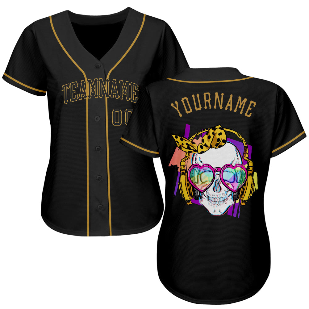 Custom Black Black-Old Gold Authentic Skull Fashion Baseball Jersey - Sky-Custom