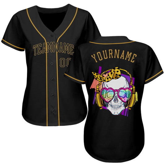 Custom Black Black-Old Gold Authentic Skull Fashion Baseball Jersey - Sky-Custom