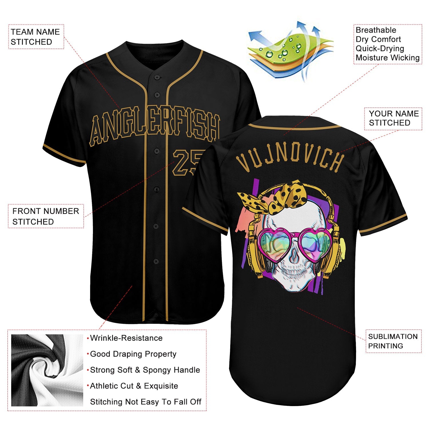 Custom Black Black-Old Gold Authentic Skull Fashion Baseball Jersey - Sky-Custom