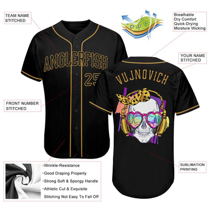 Custom Black Black-Old Gold Authentic Skull Fashion Baseball Jersey - Sky-Custom