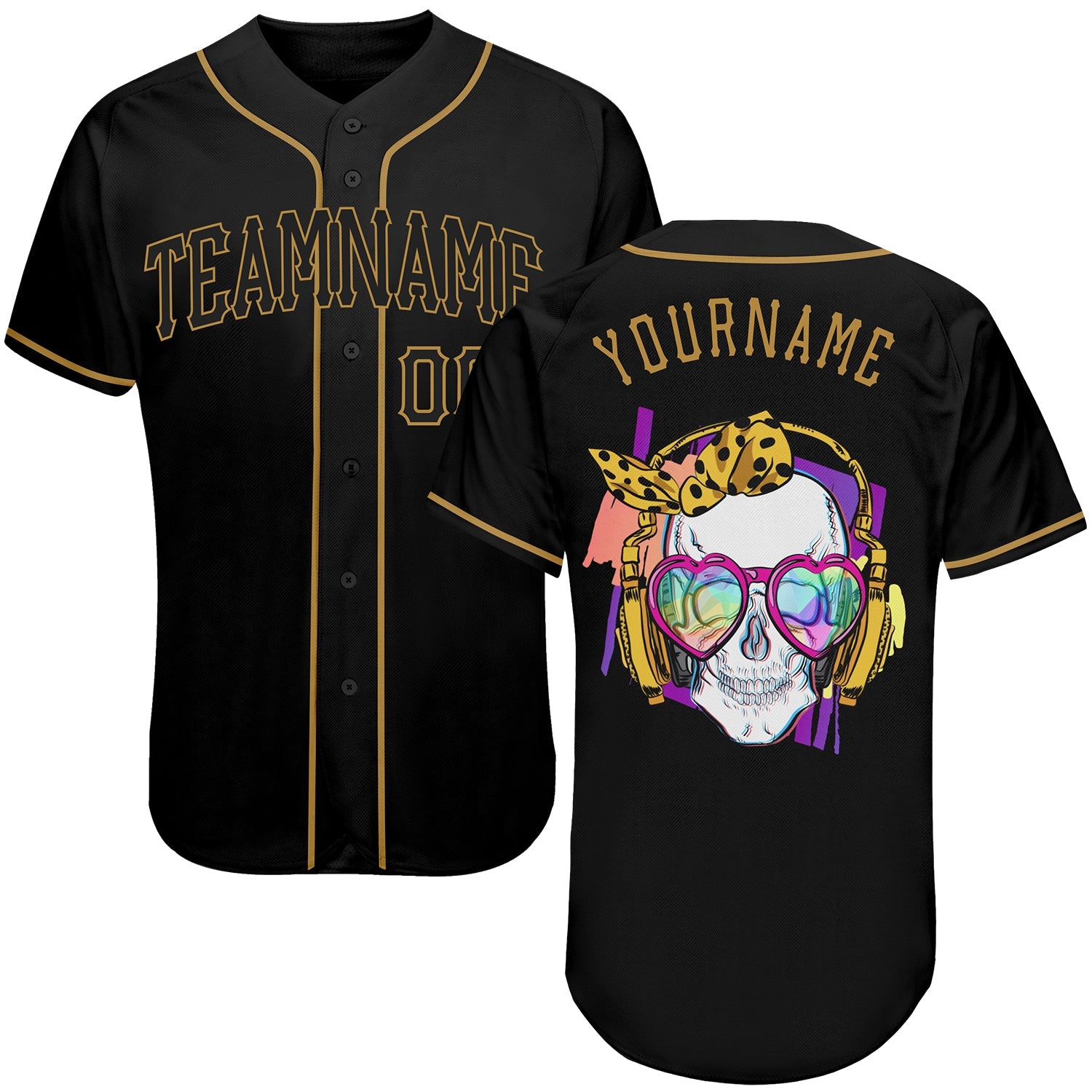 Custom Black Black-Old Gold Authentic Skull Fashion Baseball Jersey - Sky-Custom