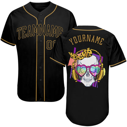 Custom Black Black-Old Gold Authentic Skull Fashion Baseball Jersey - Sky-Custom