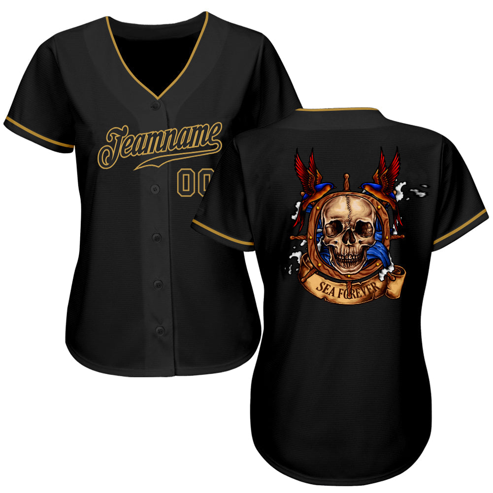 Custom Black Black-Old Gold Authentic Skull Fashion Baseball Jersey - Sky-Custom