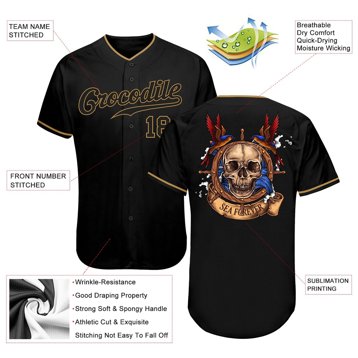 Custom Black Black-Old Gold Authentic Skull Fashion Baseball Jersey - Sky-Custom