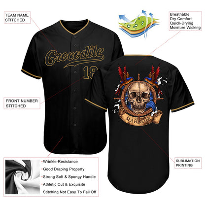 Custom Black Black-Old Gold Authentic Skull Fashion Baseball Jersey - Sky-Custom