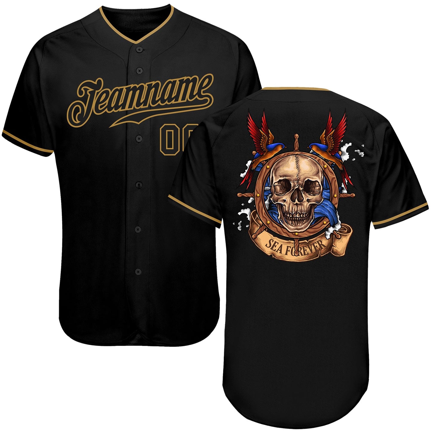 Custom Black Black-Old Gold Authentic Skull Fashion Baseball Jersey - Sky-Custom