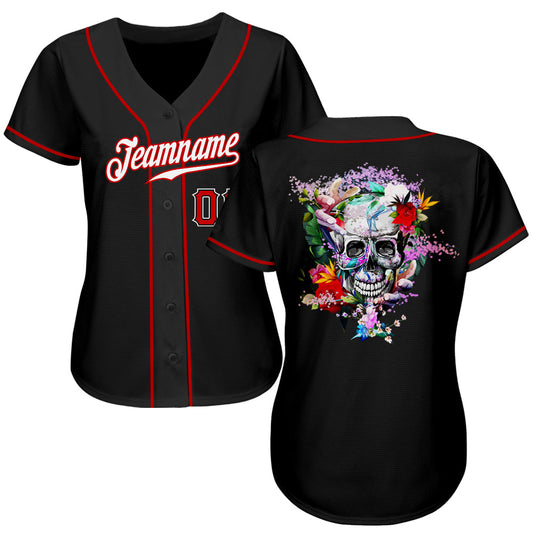 Custom Black White-Red Authentic Skull Fashion Baseball Jersey - Sky-Custom